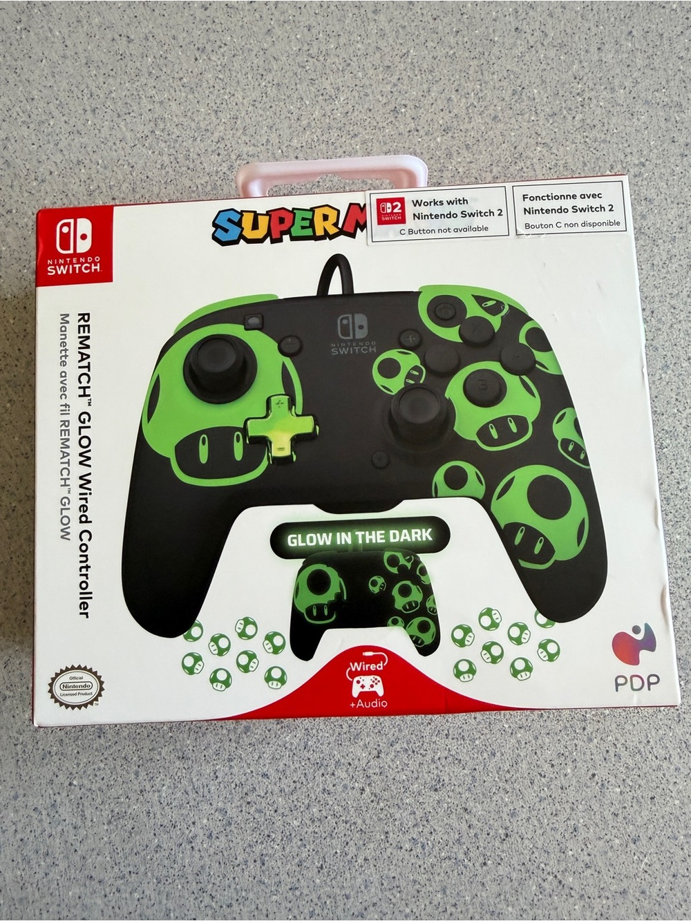 Nintendo Switch Super Mario Mushroom Rematch Glow Dark Wired Controller w/Audio